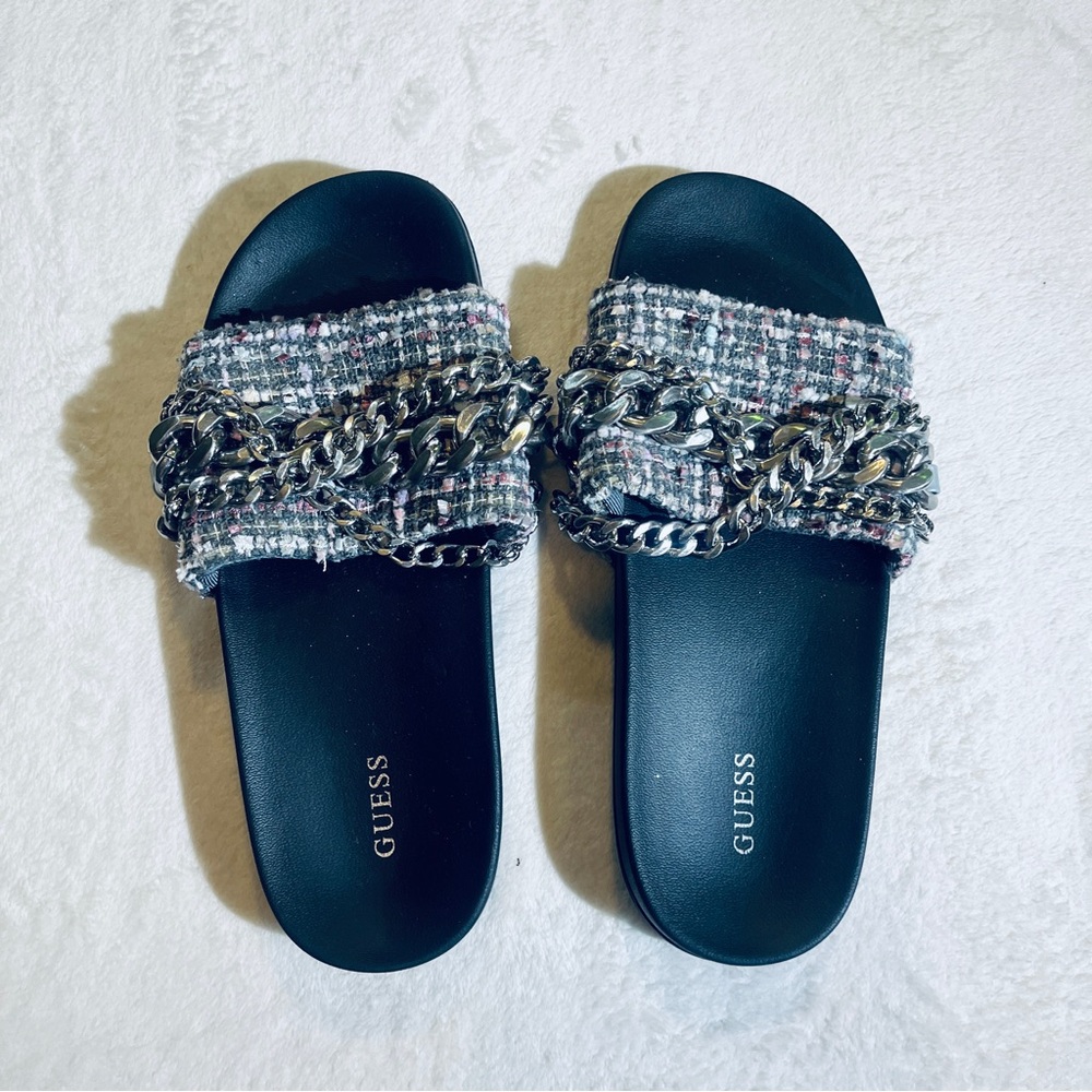 GUESS Women's Black Tweed Chain Slide Sandals